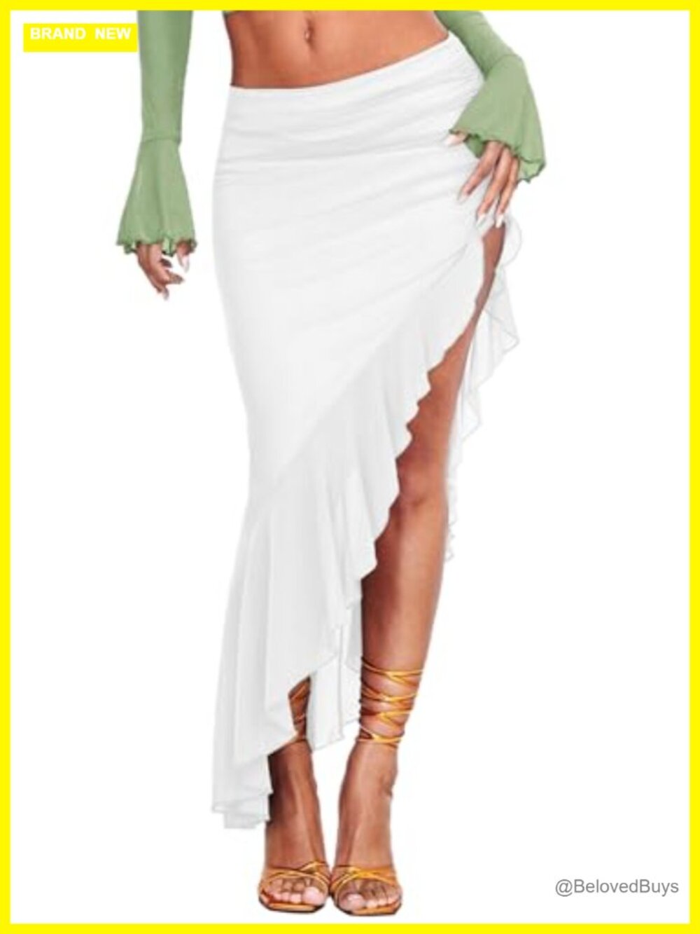 High Waisted Asymmetrical Ruched Mesh Flowy Ruffle Trim Midi Skirt